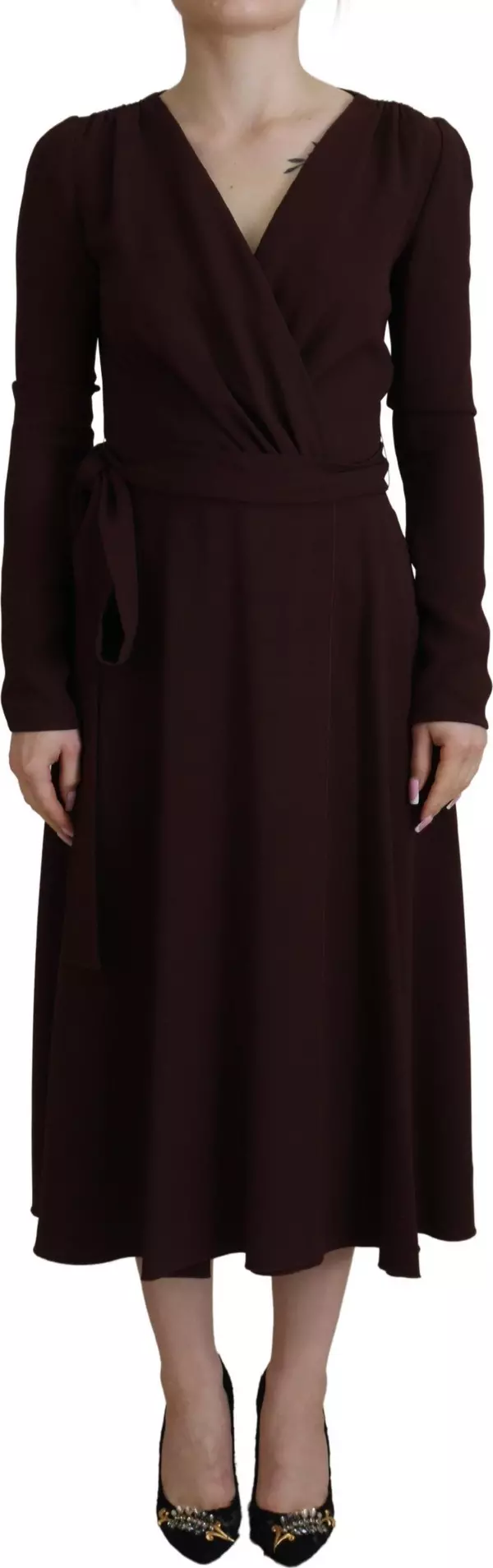 Brown Wrap Long Sleeve Midi Stretch Dress
