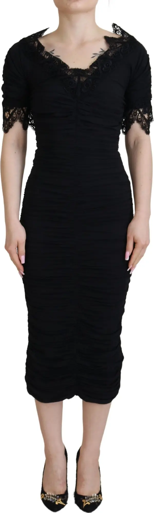 Black Sheath Midi Bodycon Lace Silk Dress