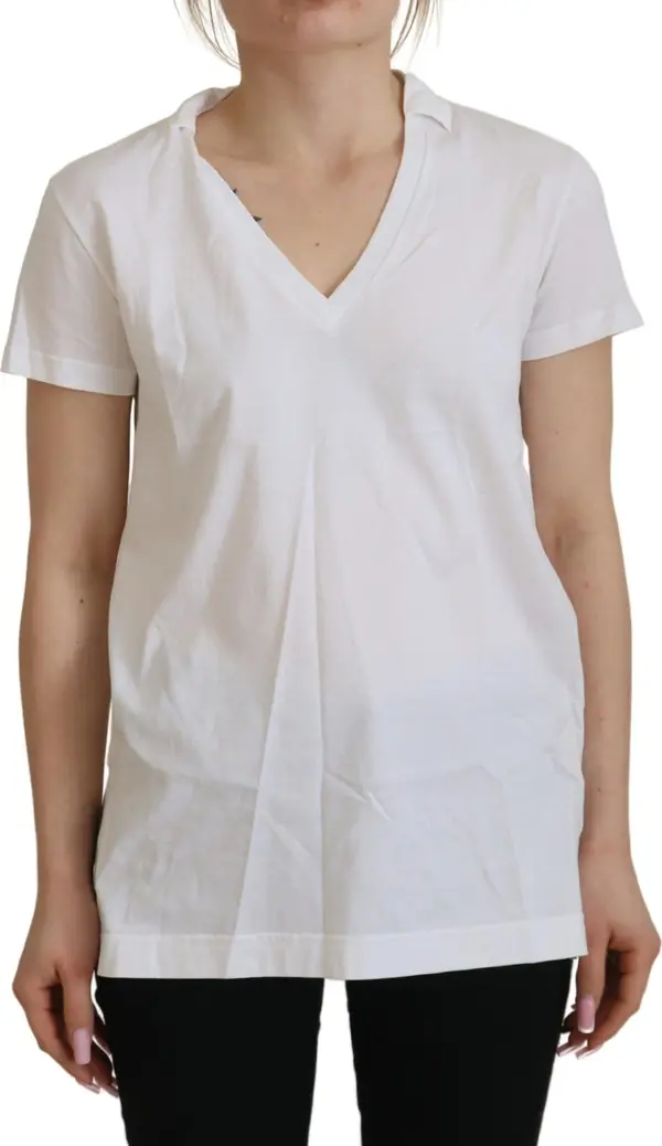 White Short Sleeve V-neck Cotton Top Blouse T-shirt