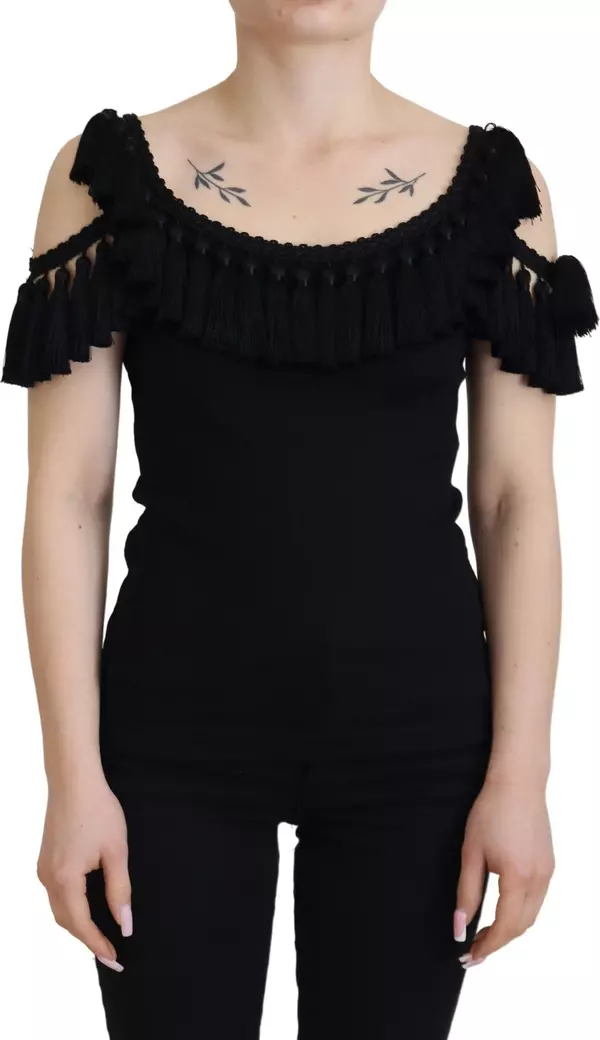 Black Tank Top Blouse Tassle Cotton Blouse