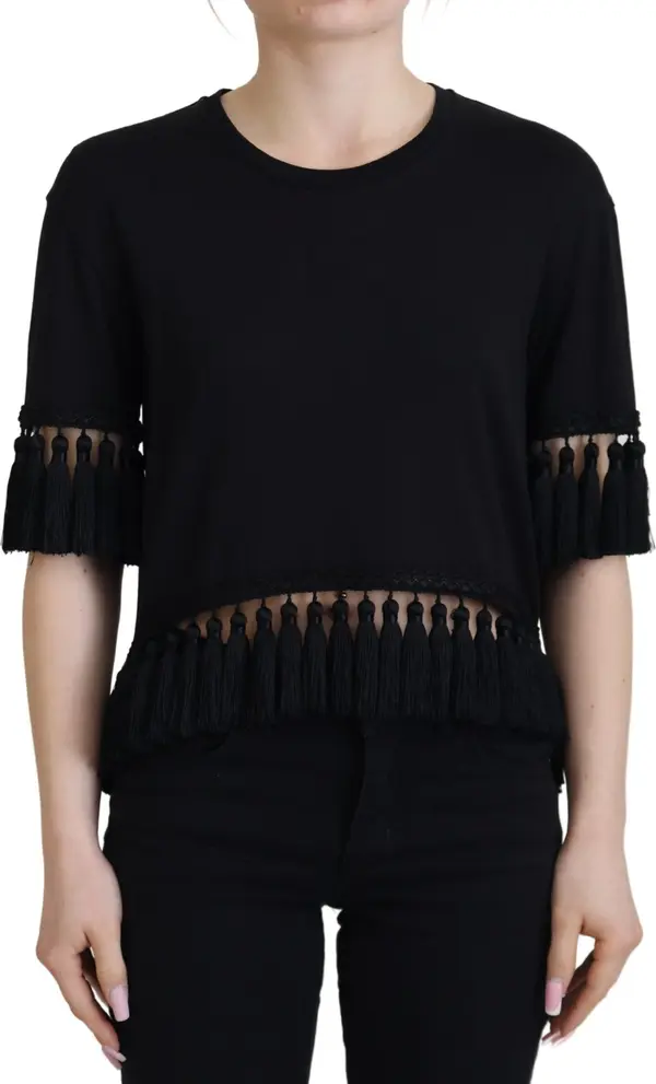 Black T-shirt Blouse Tassle Cotton Blouse