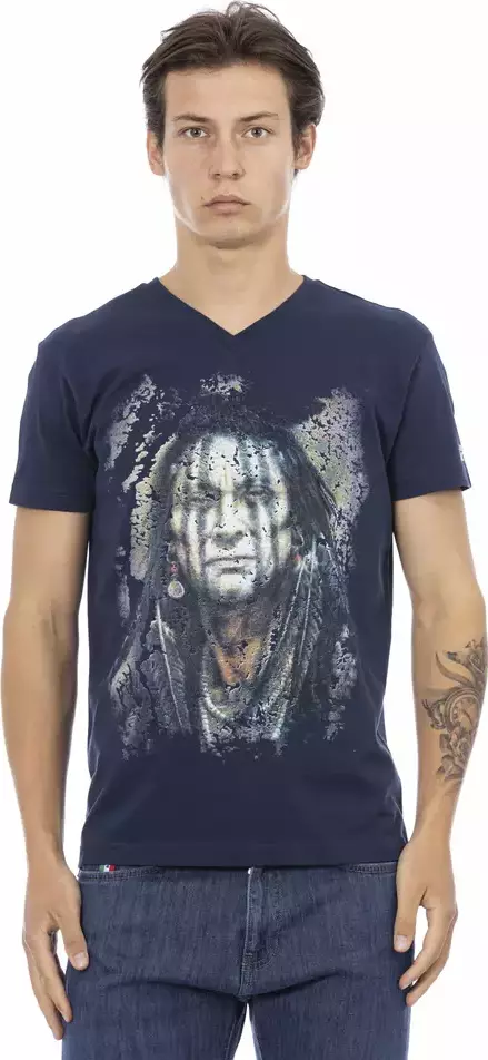 Blue Cotton Men's V-Neck T-Shirt