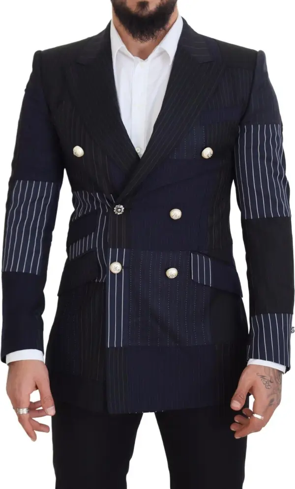 Blue Wool Patchwork Double Breasted Blazer