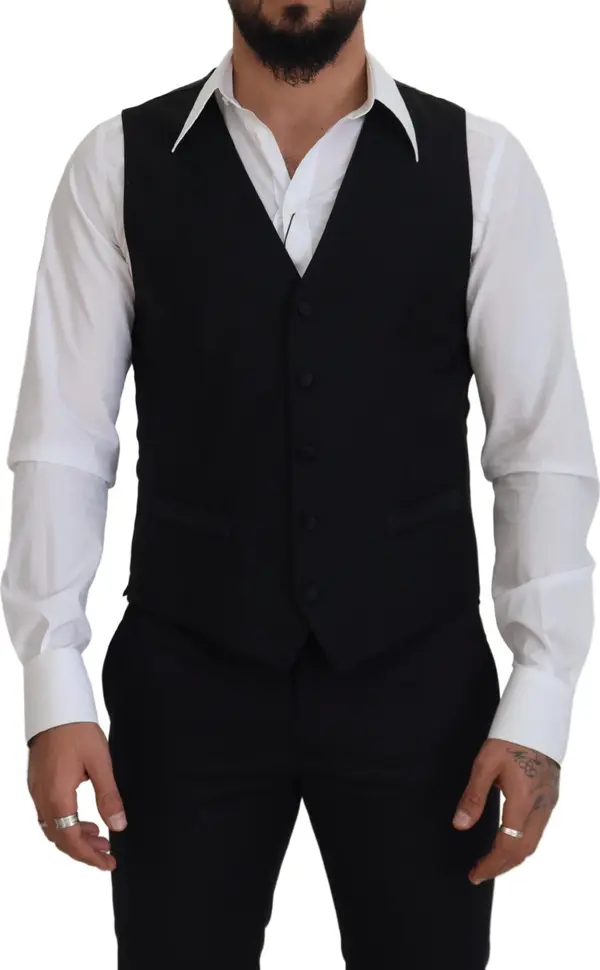 Black Virgin Wool Waistcoat Formal Dress Vest
