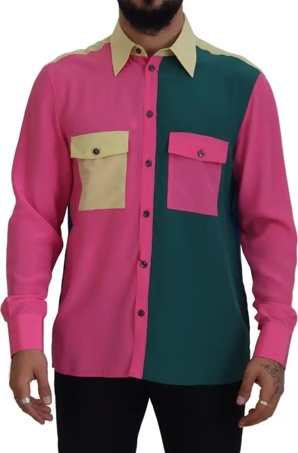 Multicolor Patchwork Silk Button Down Shirt