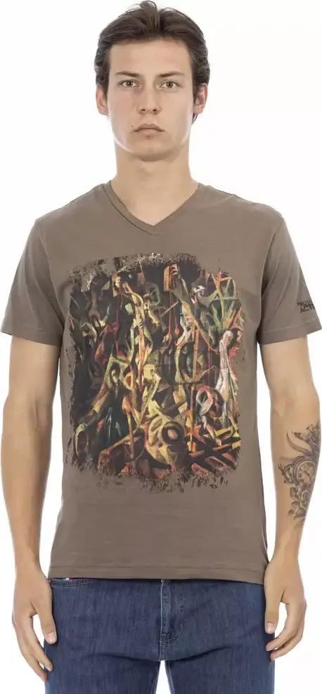 Brown Cotton Men's V-Neck T-Shirt