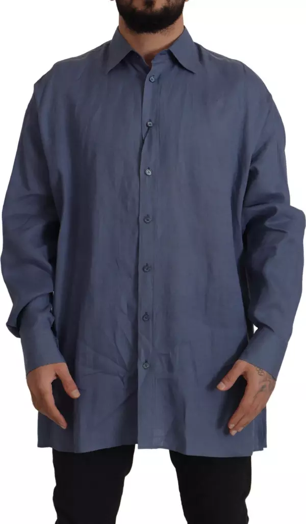 Dark Blue Linen Slim Fit Dress Formal Men Shirt