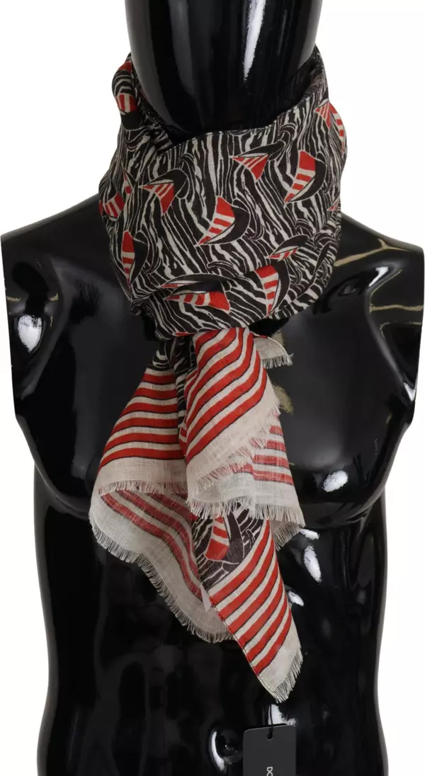 Black Red Linen Sailboat Stripe Print Shawl Scarf