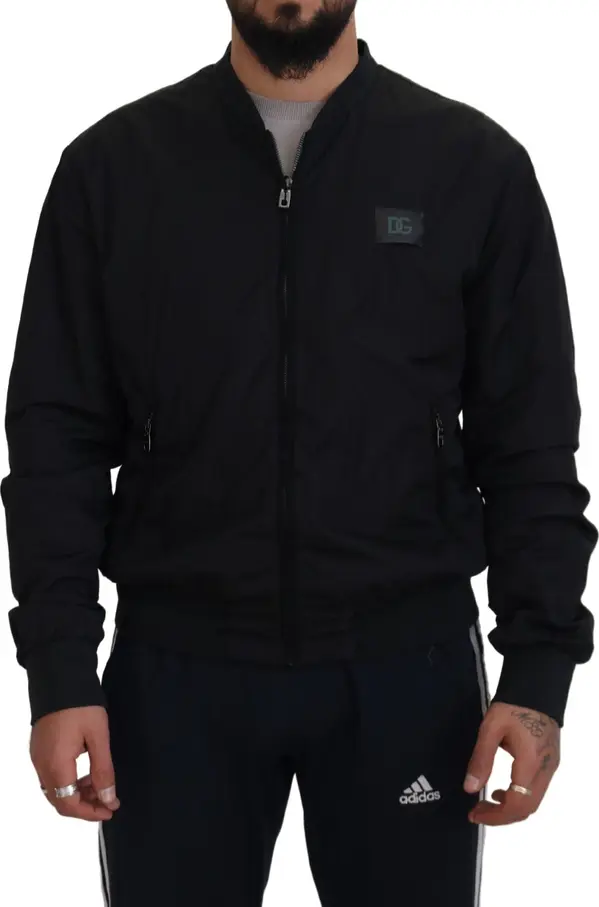 Black Nylon Logo Bomber Zipper Jacket