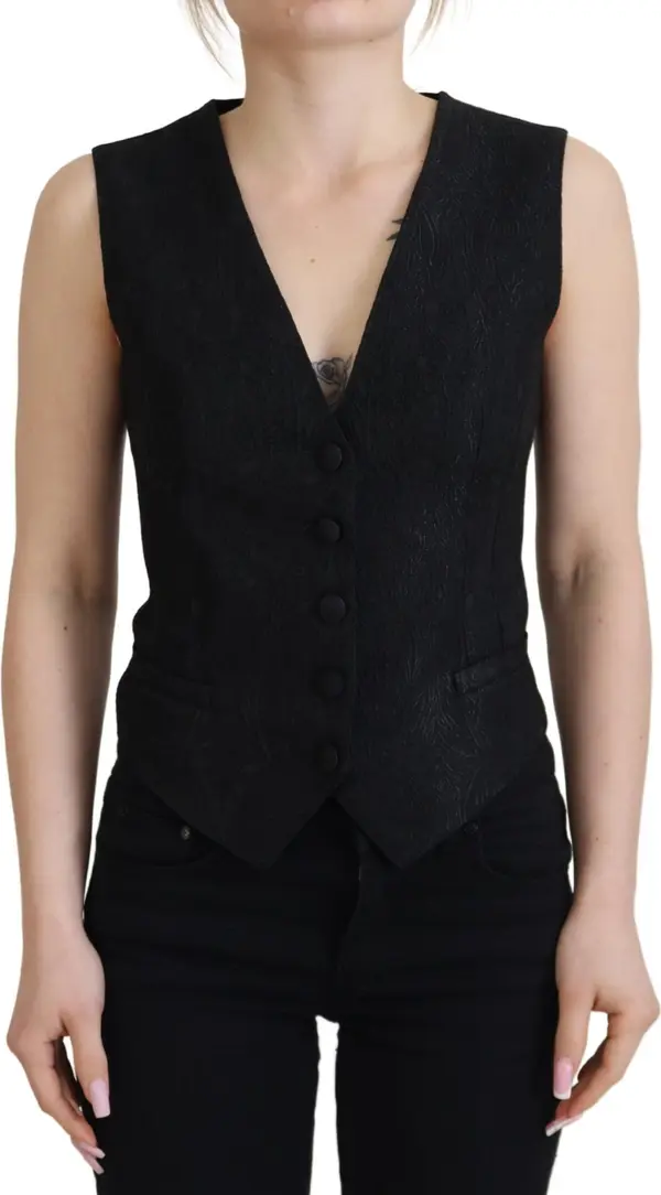 Black Brocade Button Down Sleeveless Vest Top