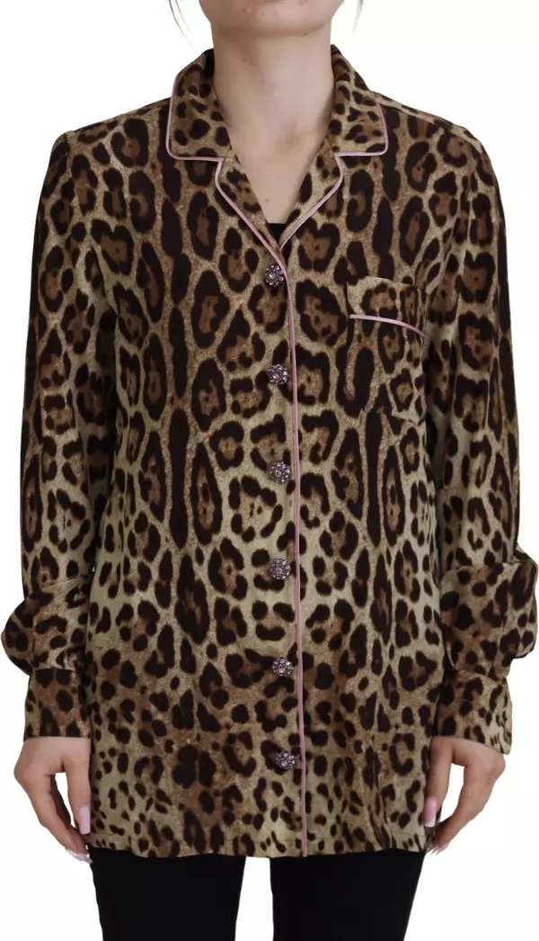 Brown Leopard Print Long Sleeves Blouse Top