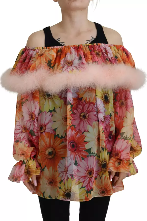Multicolor Floral Fur Shearling Blouse Top