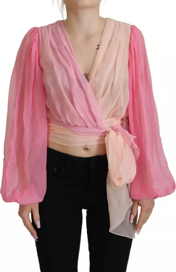 Pink Silk Wrap Long Sleeves Blouse Top