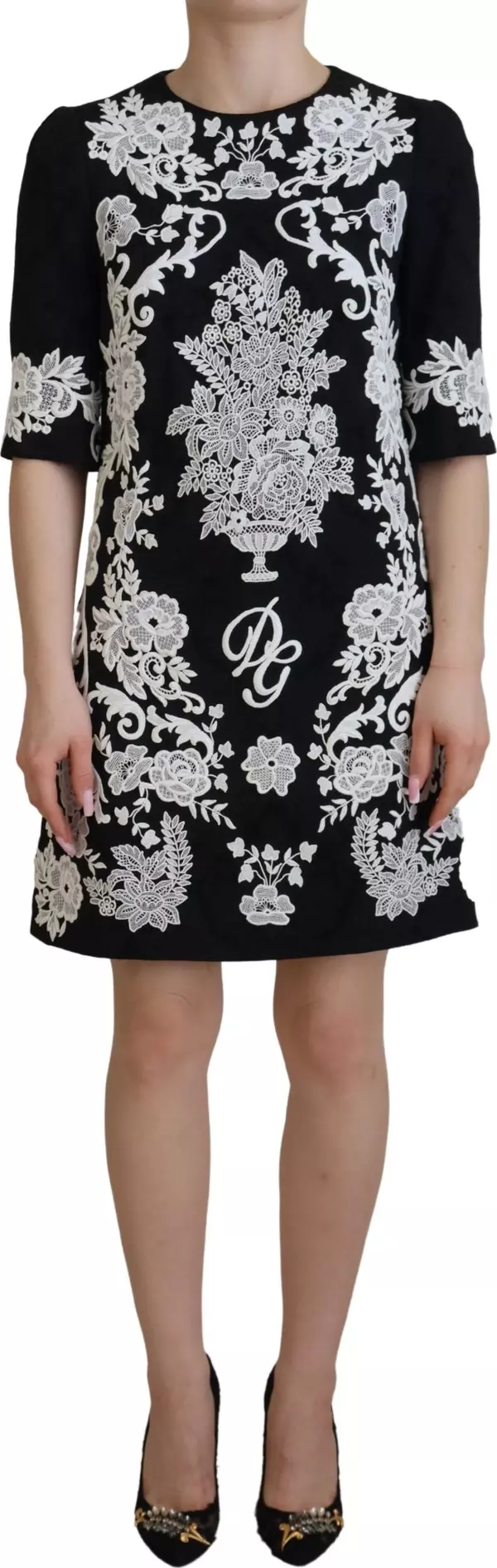 Black Lace Trim Half Sleeves A-line Dress