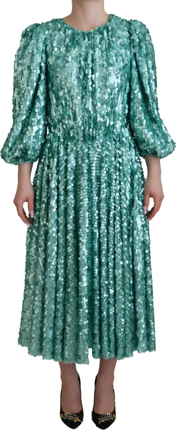 Blue Sequined Pleated Aline Midi Nylon Dress