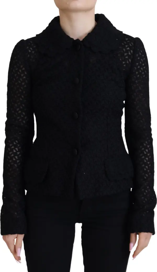 Black Wool Knitted Button Down Collar Jacket