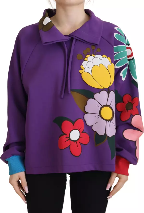 Purple Floral Print Pullover Cotton Sweater