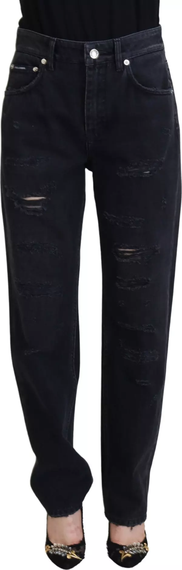 Black Cotton Tattered High Waist Denim Jeans