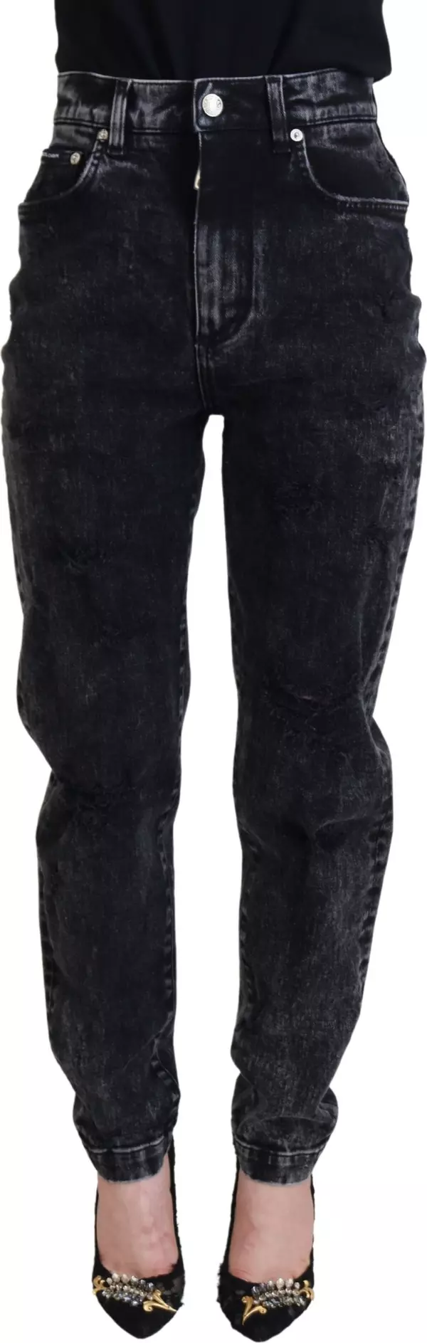 Black Washed Cotton High Waist Denim Jeans