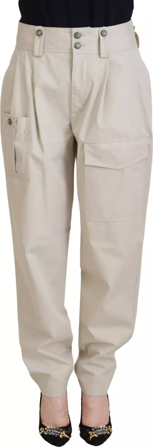 Beige Cotton Women Cargo Pants