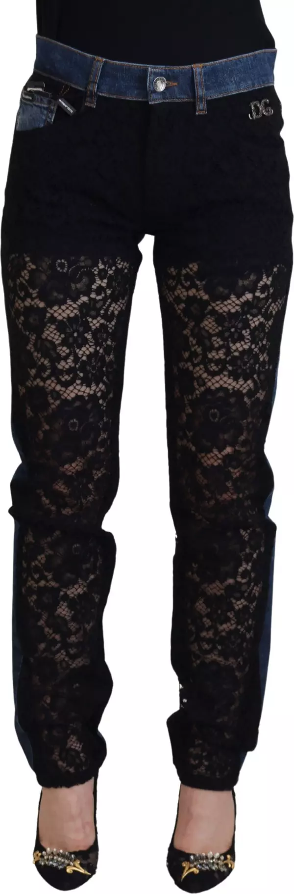 Black Floral Lace Front Skinny Denim Jeans