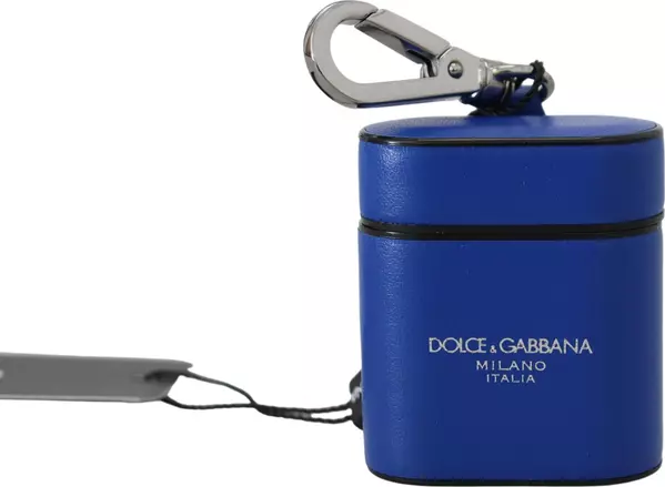 Blue Leather Silver Metal Logo Airpods Case