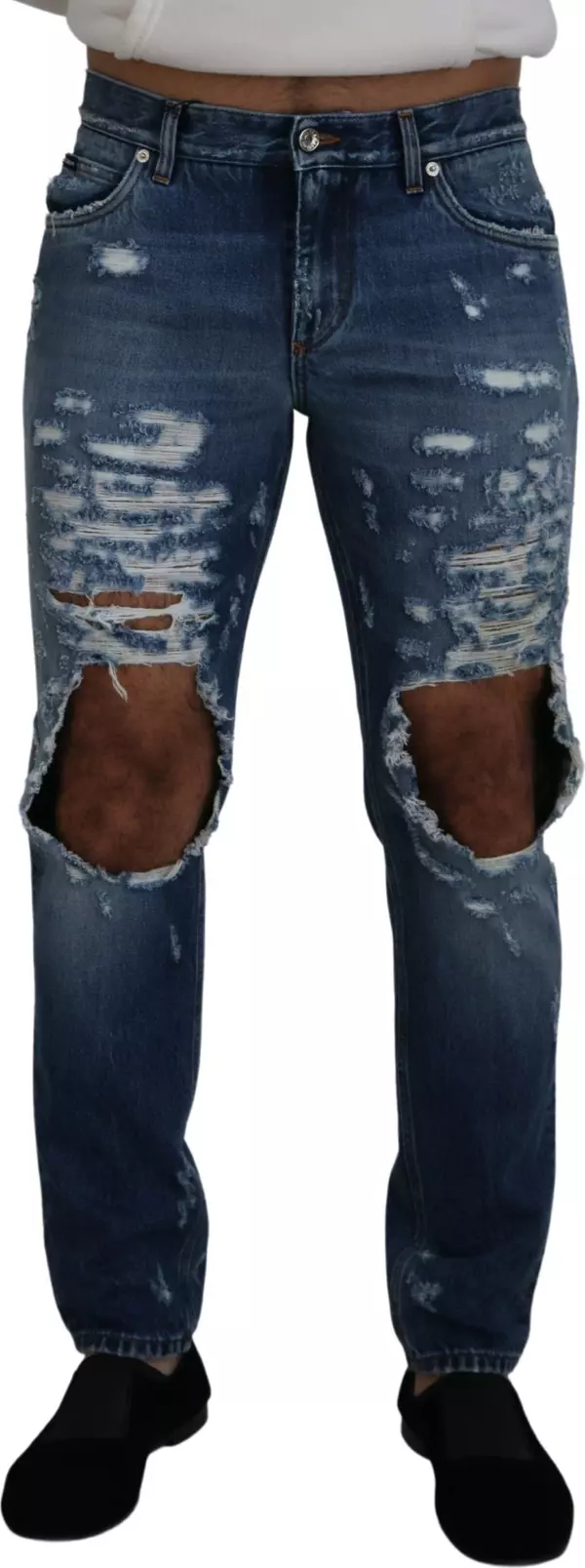 Blue Cotton Tattered Men Denim Jeans