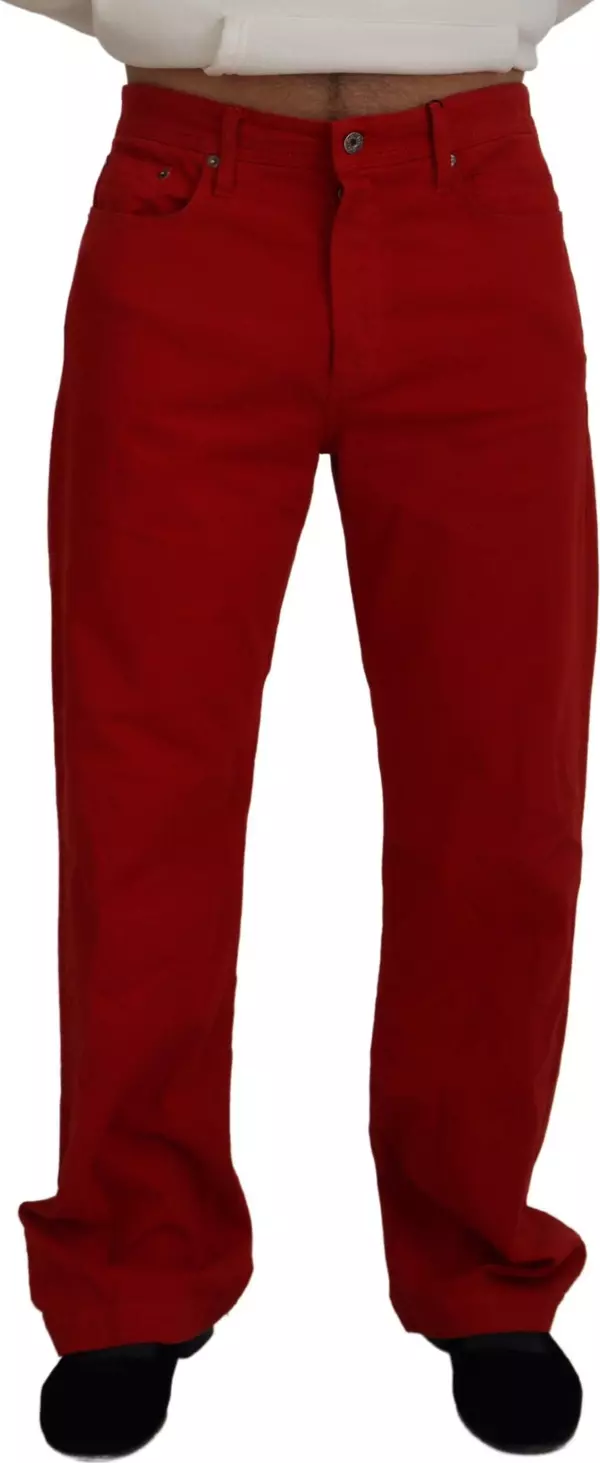 Red Cotton Straight Fit Men Denim Jeans