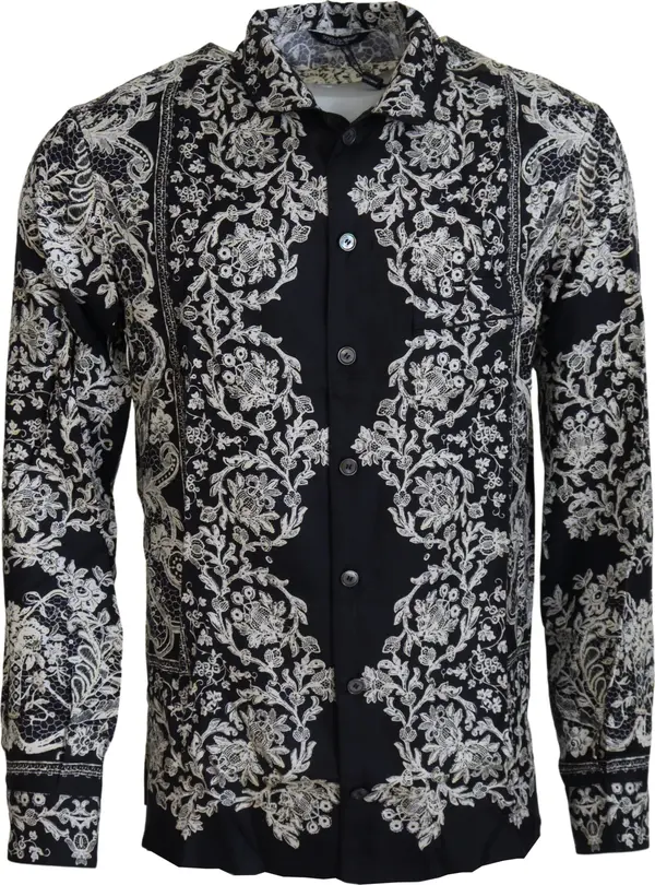 Blue Silk Floral Baroque Satin Casual Shirt