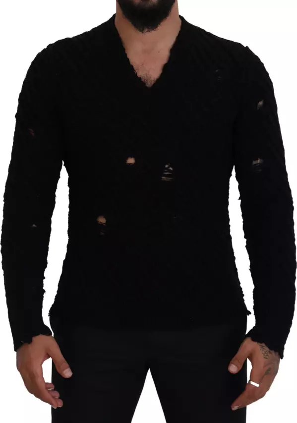Black Wool V-neck Knitted Pullover Sweater