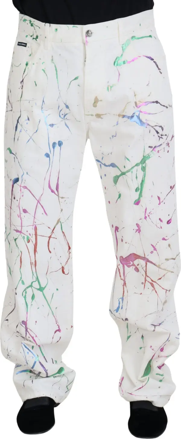 White Cotton Color Splash Print Denim Pants