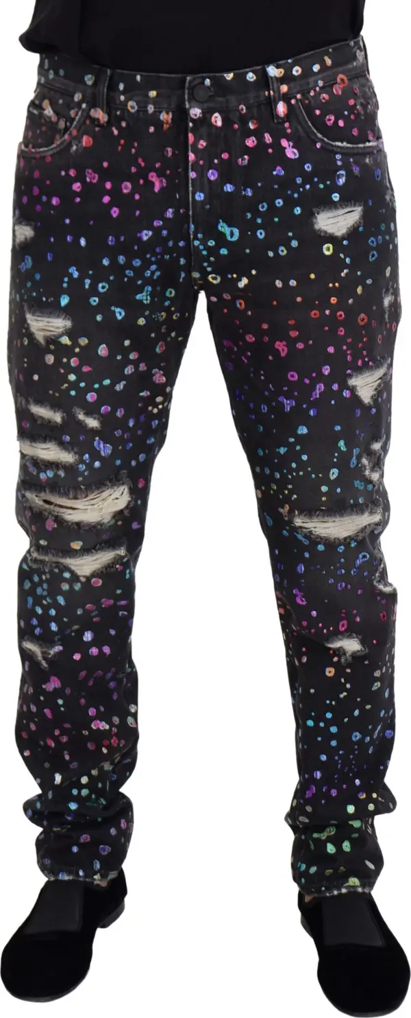 Black Multicolor Print Tattered Denim Jeans