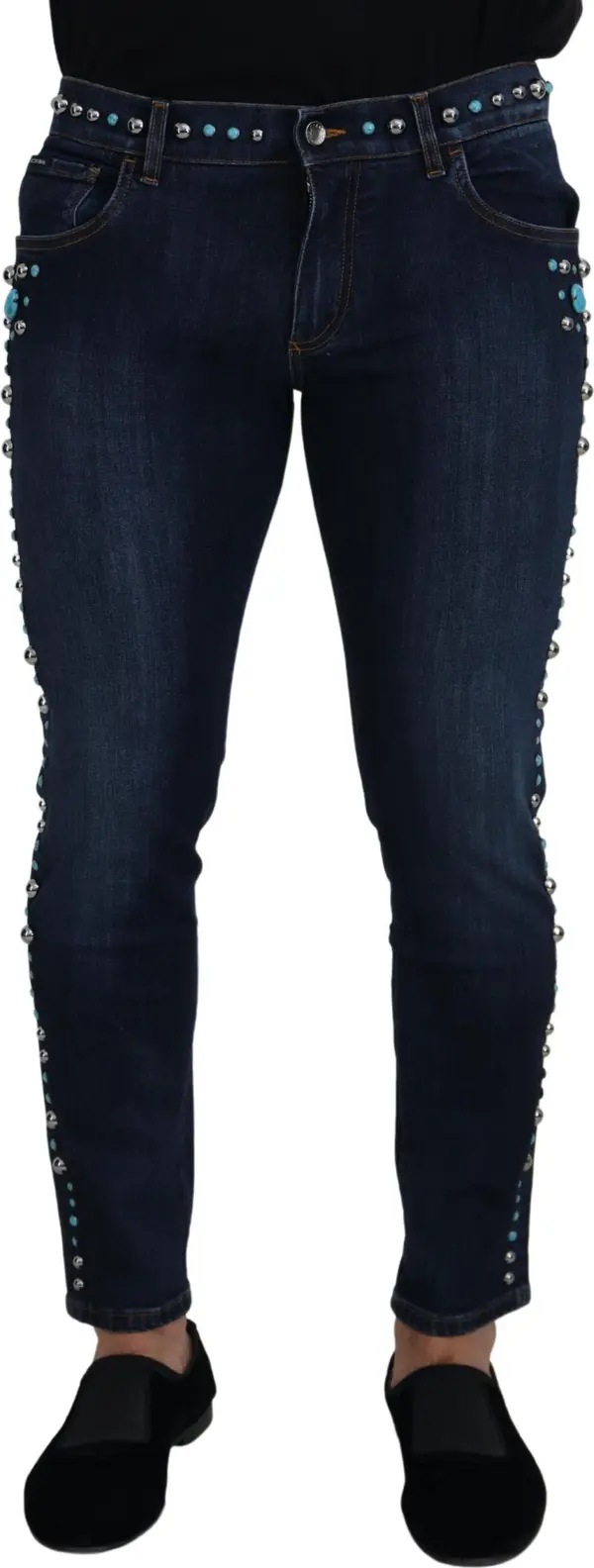 Blue Cotton Studded Low Waist Denim Jeans