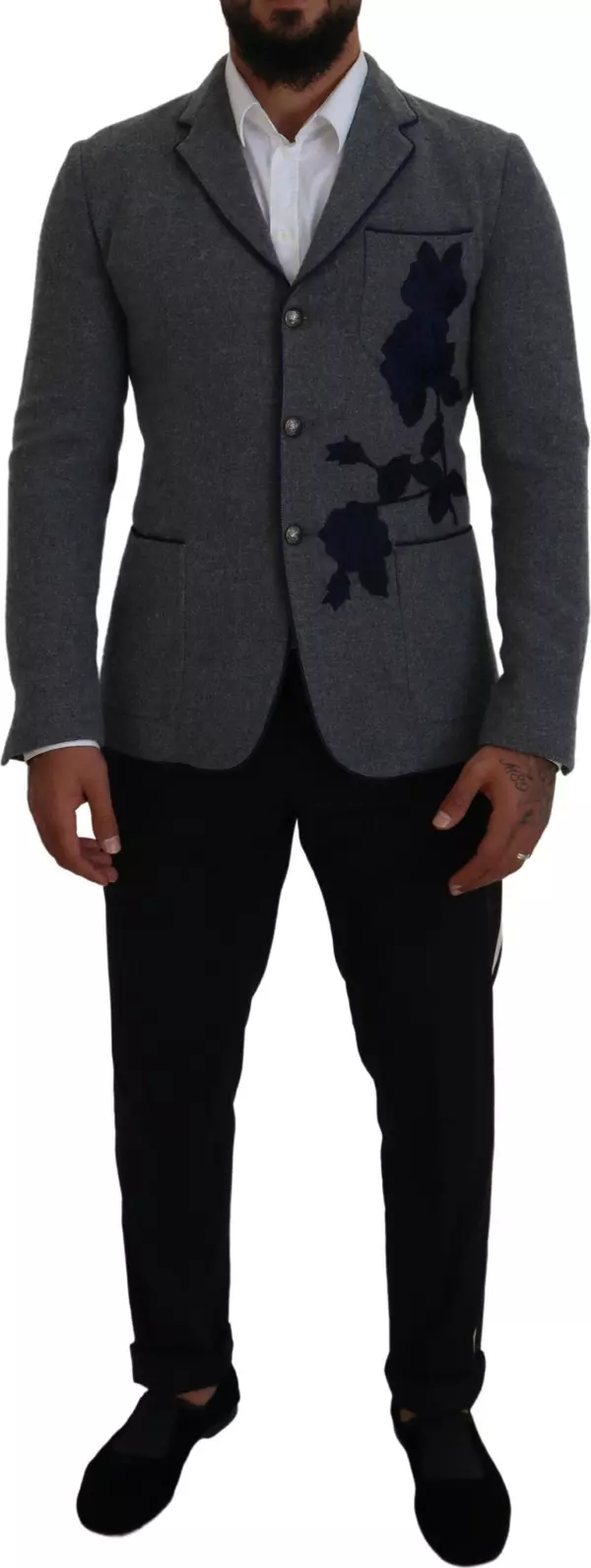 Gray Wool Roses Slim Fit Jacket Blazer