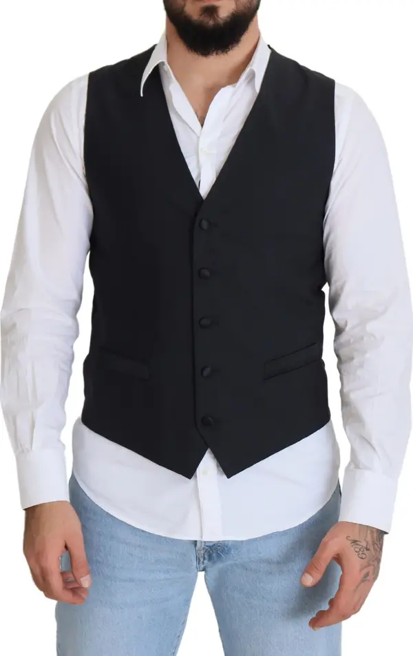 Black Wool Stretch Waistcoat Formal Vest