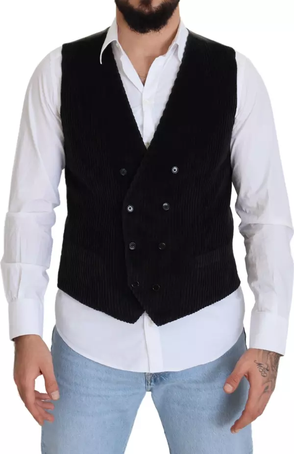 Black Cotton Double Breasted Waistcoat Vest