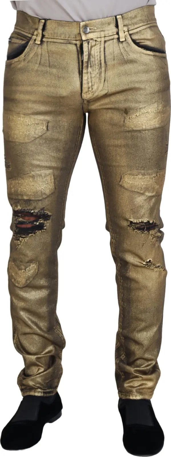 Gold Cotton Tattered Skinny Men Denim Jeans