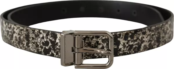 Black Marble Print Leather Silver Logo Buckle Belt