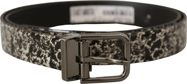 Black Marble Print Leather Gray Logo Belt