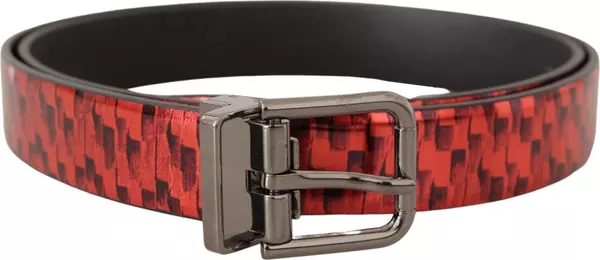 Red Herringbone Leather Gray Tone Buckle Belt
