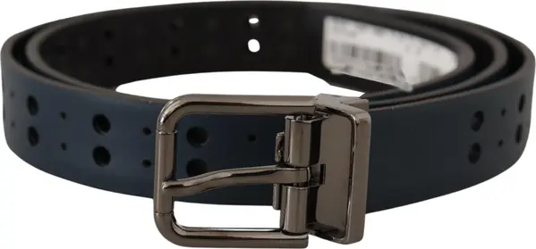 Blue Perforated Skinny Leather Metal Buckle Belt