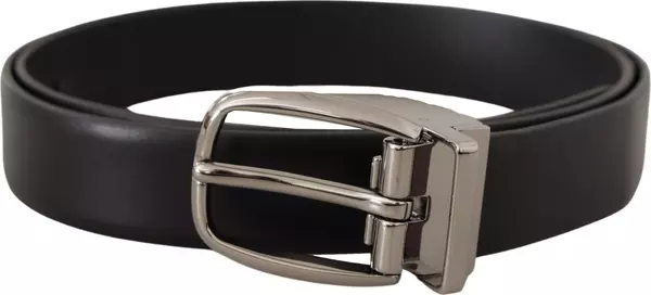 Black Leather Silver Metal Chrome Logo Buckle Belt