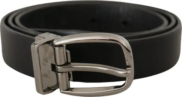 Black Leather Chrome Logo Metal Buckle Belt