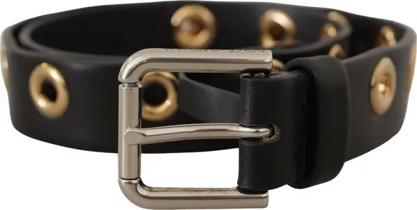 Black Leather Eyelet Silver Tone Metal Buckle Belt