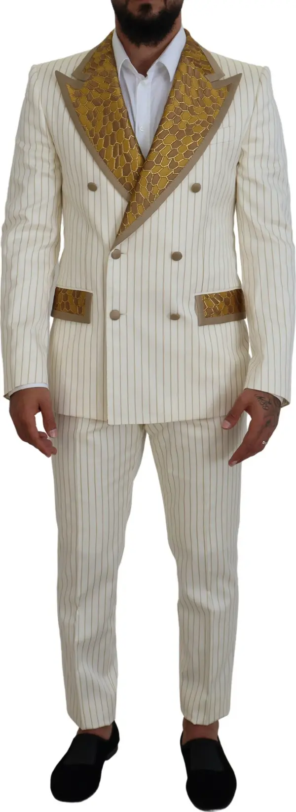 Off White Gold Striped Tuxedo Slim Fit Suit
