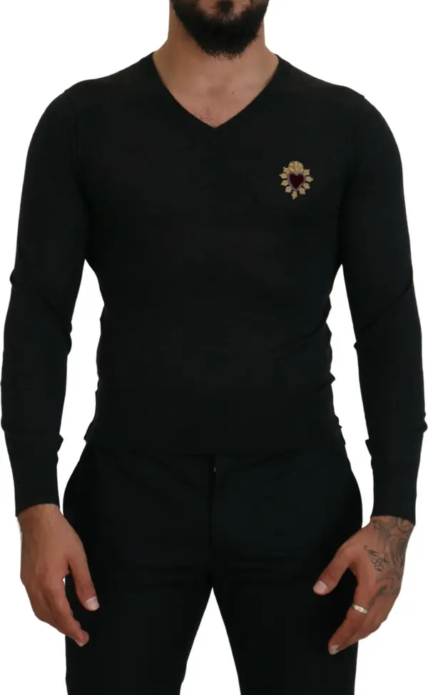 Gray Cashmere V-neck Gold Heart Sweater