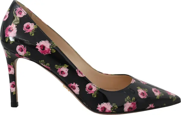 Black Leather Floral Heels Stilettos Pumps