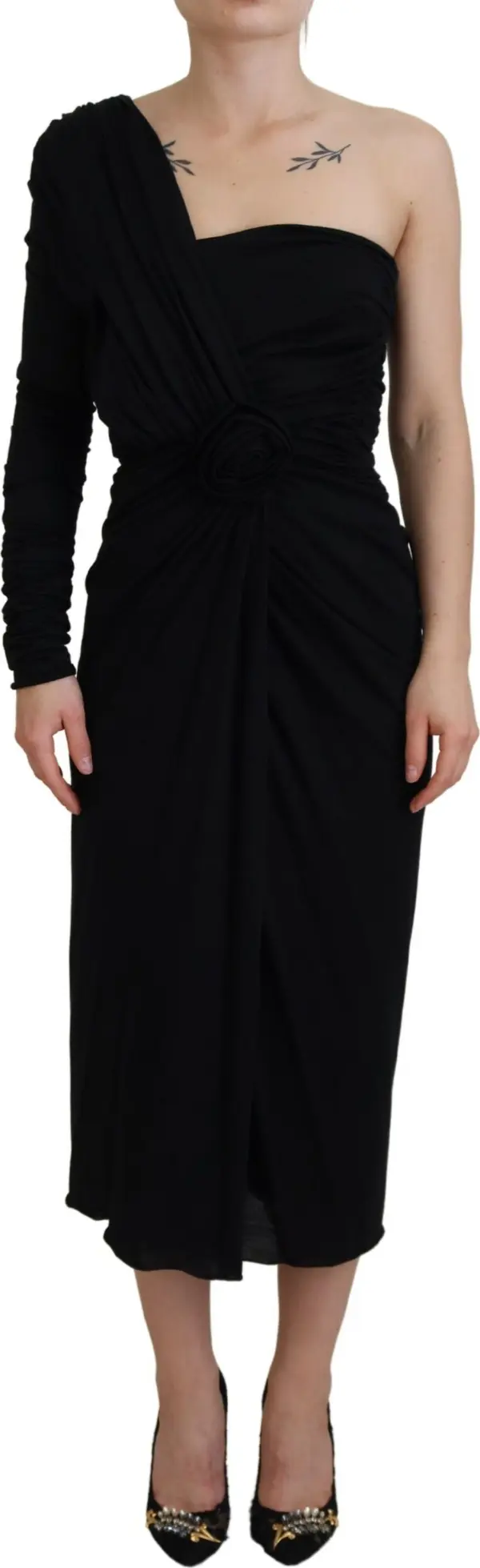 Black Wrap Sheath One Shoulder Wool Dress