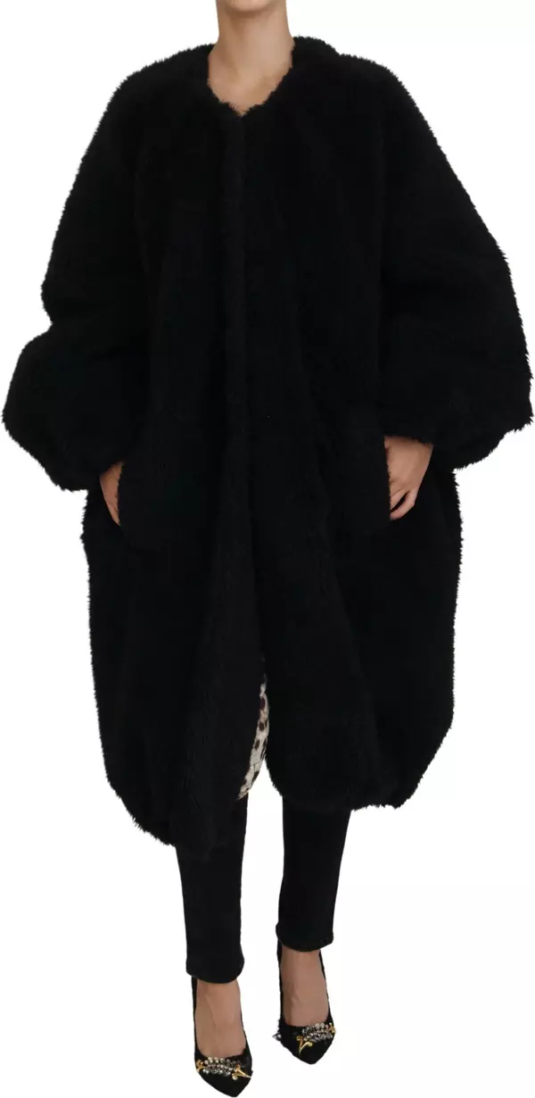 Black Cashmere Blend Faux Fur Coat Jacket