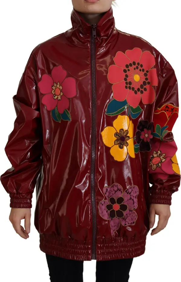 Maroon Floral Full Zip Polyester Women Jacket